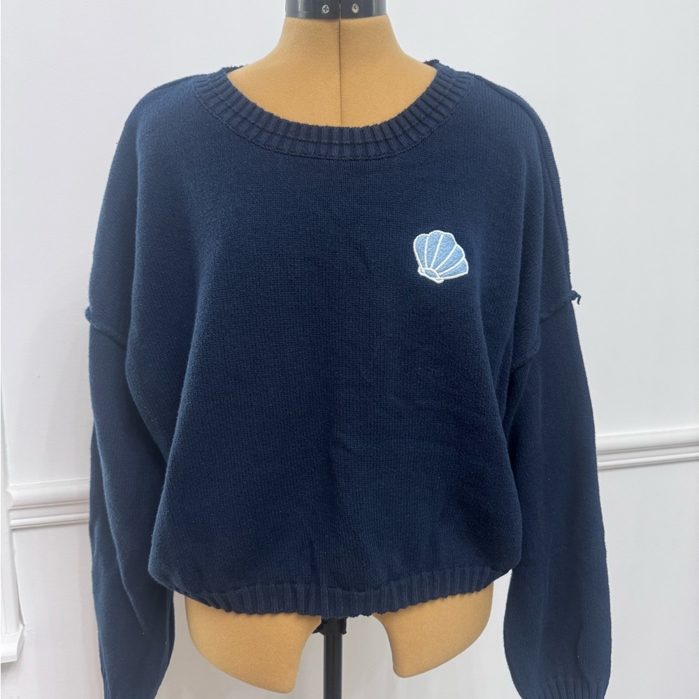 Navy Blue Crop Sweater with Shell Embroidery